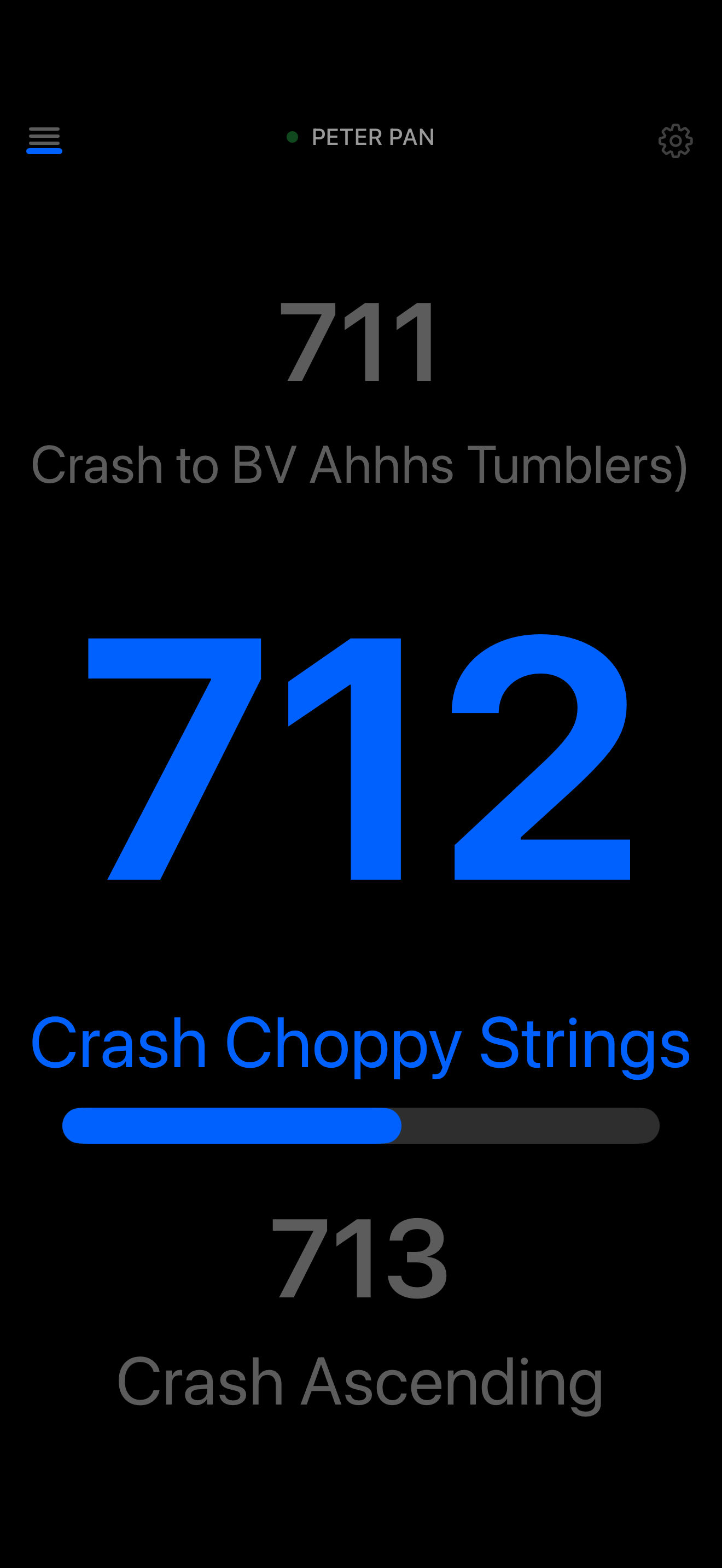 CueView running on iPhone in portrait, showing the current cue in large white type on a black background.