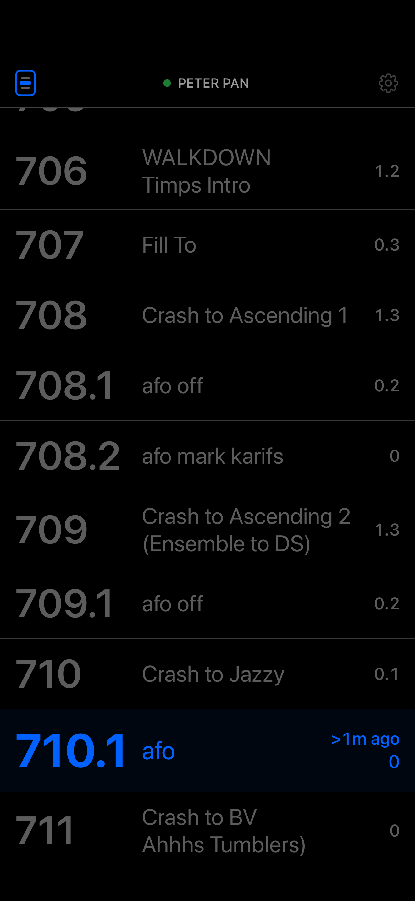 CueView's cue history view on iPhone, with the live cue pinned at the bottom of a scrollable list of past cues.