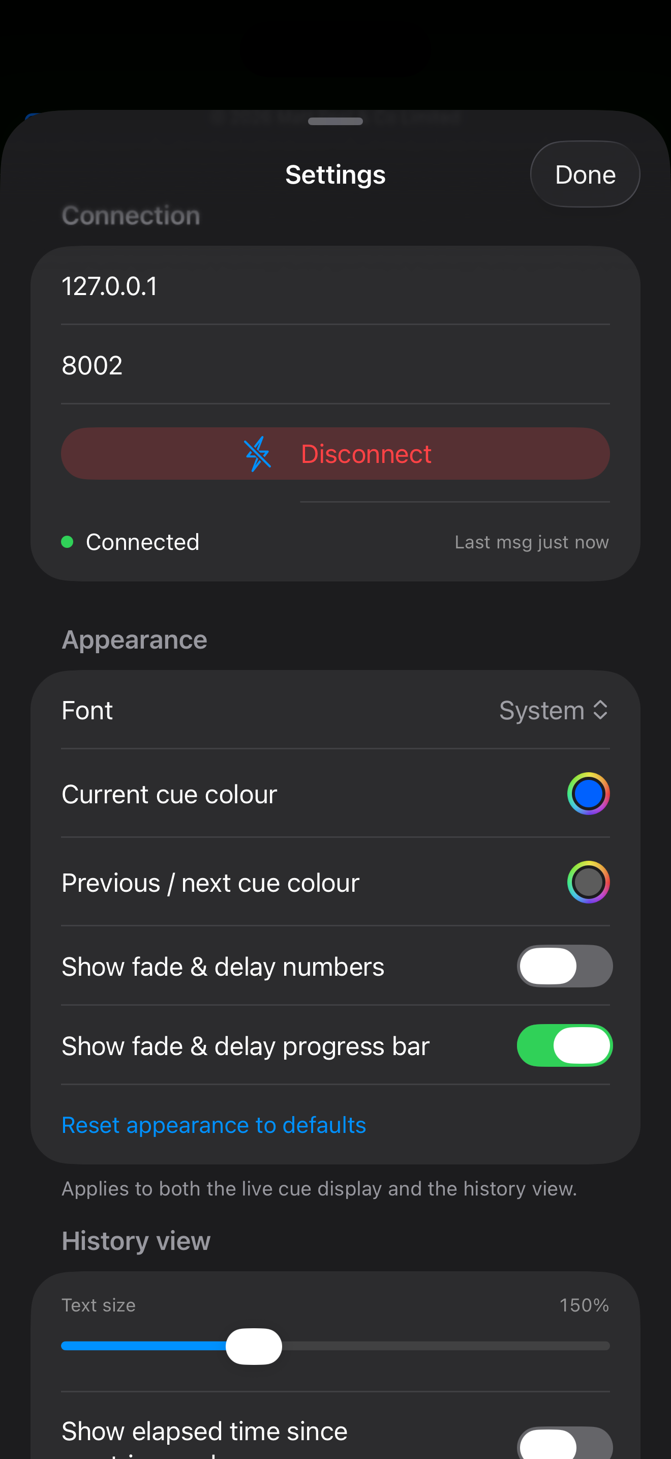 CueView's Settings sheet on iPhone, with controls for font, colours, sizes, spacing, and what timing information to display.