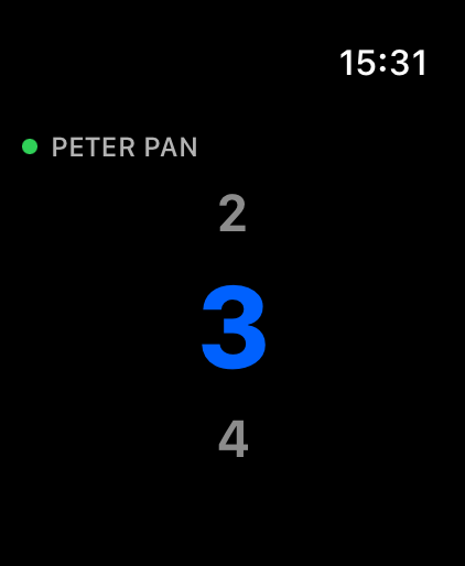 CueView on Apple Watch: live status dot at the top with previous, current, and next cue stacked below.